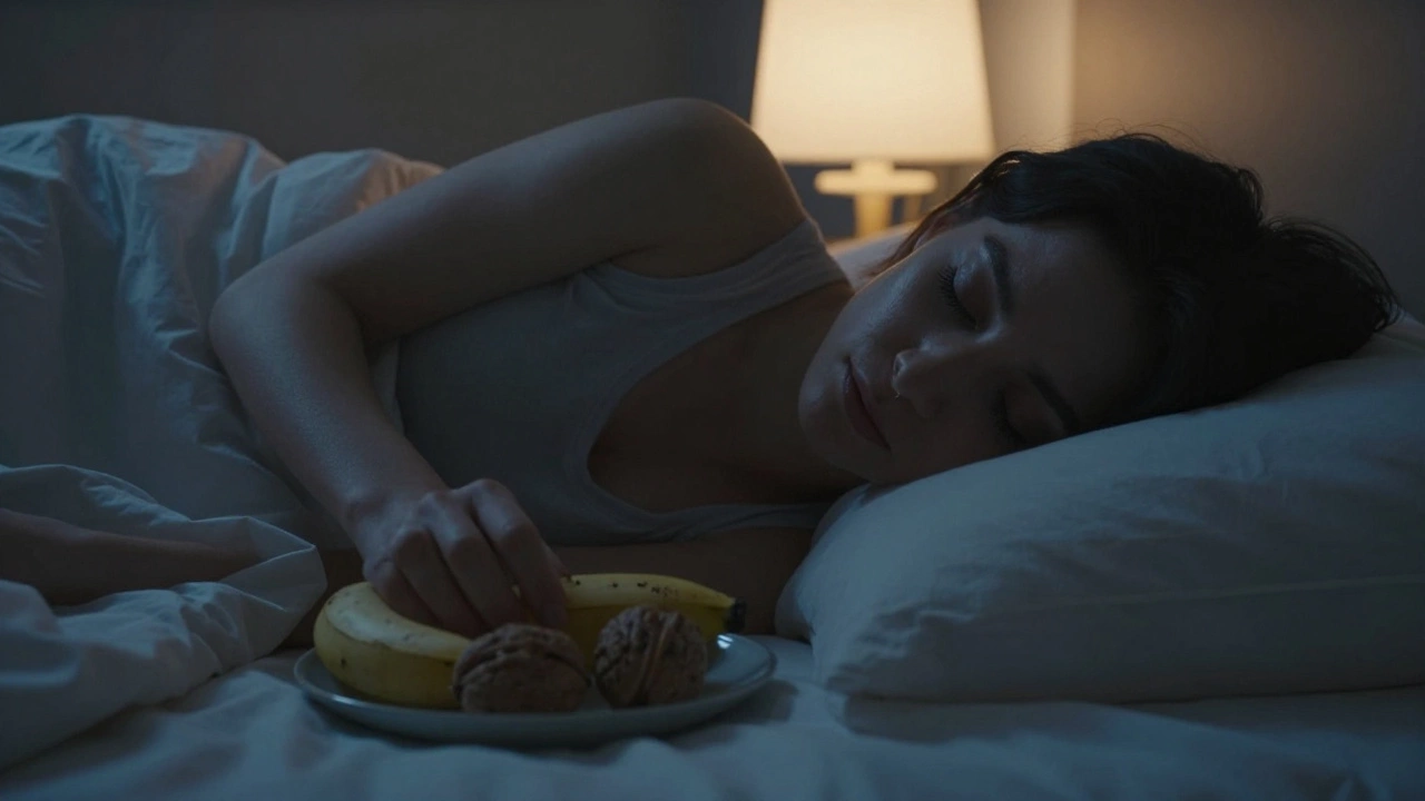 Человек в кровати с бананом и орехами, спокойно спит в тёплом свете