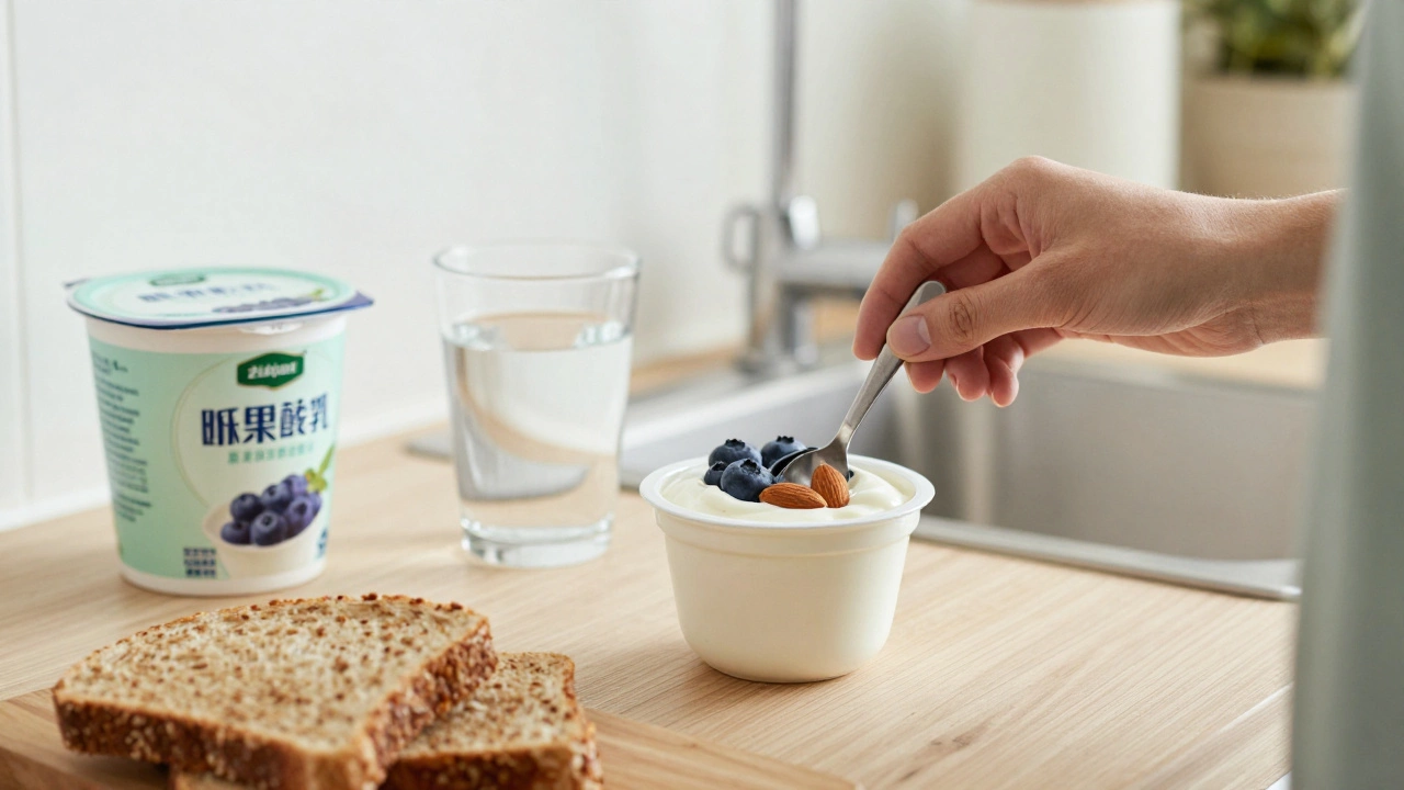 Человек заменяет сладкий йогурт на натуральный с ягодами и орехами на кухне с естественным светом.