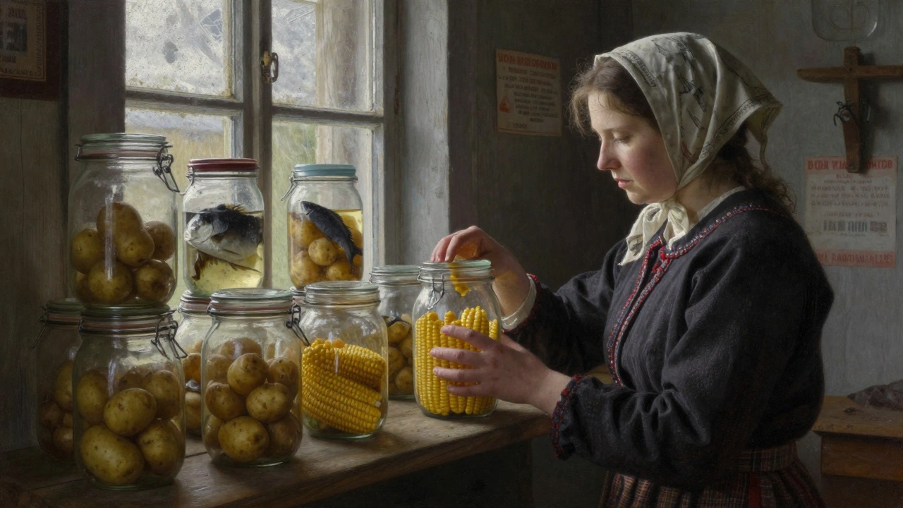 Деревенская полка с закатанными банками, женщина с опасением смотрит на одну из них.