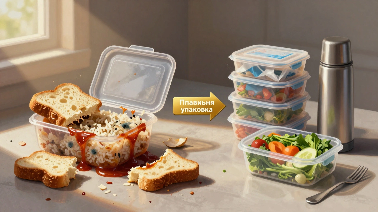 Двухстороннее изображение: испорченная еда слева, правильно упакованная — справа, с символом безопасности.