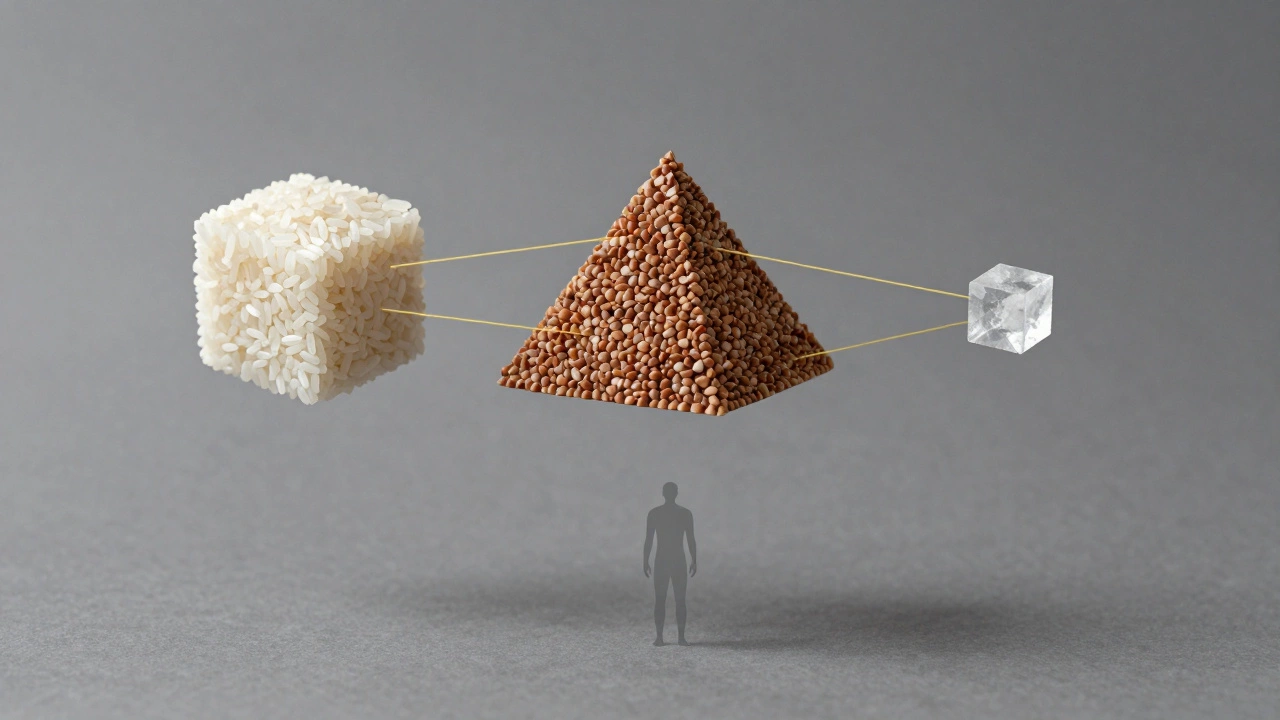 Геометрические формы риса, гречки и соли в вакууме, символизирующие выживание.