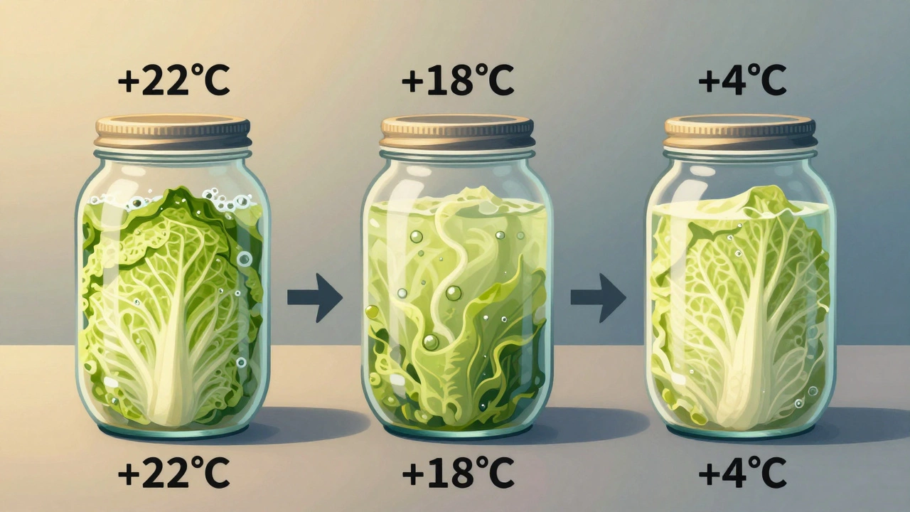 Художественная иллюстрация с тремя стадиями брожения капусты: тепло, умеренное, холодное хранение.