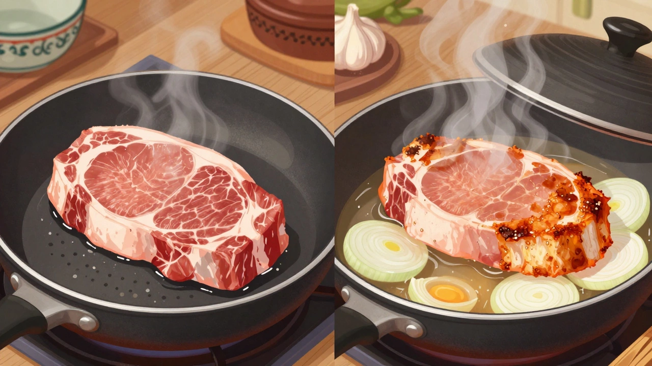 Кусок свинины под крышкой с бульоном — пар поднимается, видна хрустящая корочка.