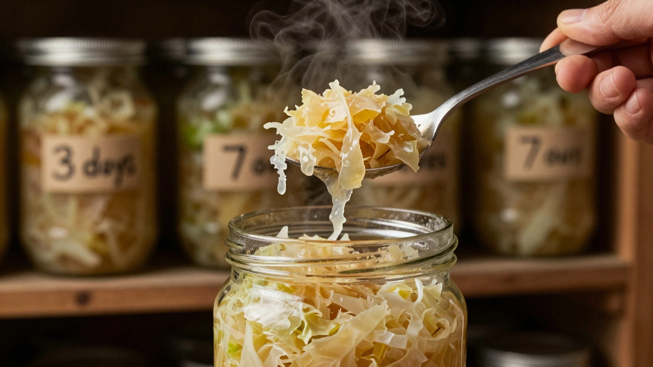 Ложка квашеной капусты, хрустящая и блестящая, поднимается из банки в прохладном подвале.