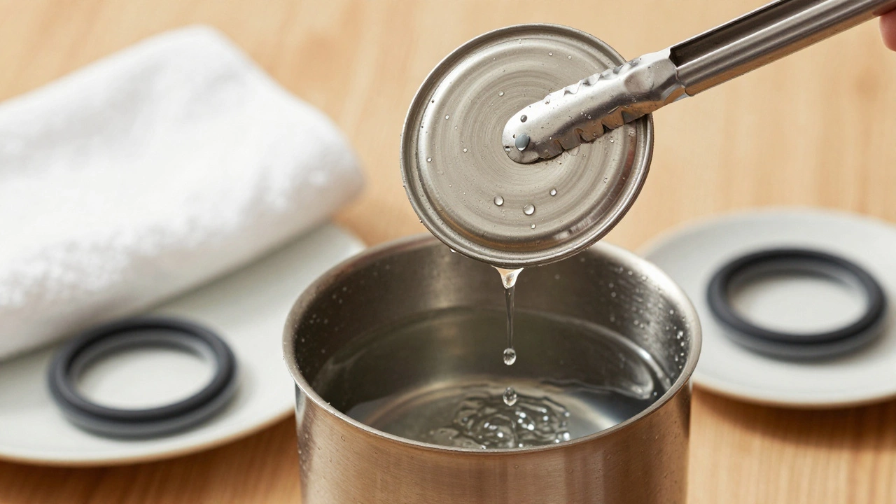 Металлическая крышка извлекается из кипятка щипцами, рядом лежит резиновое кольцо и чистое полотенце.