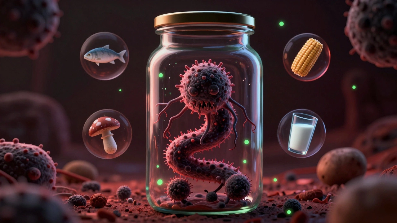 Микроскопический образ бактерии ботулизма внутри банки, окруженной запрещёнными продуктами.