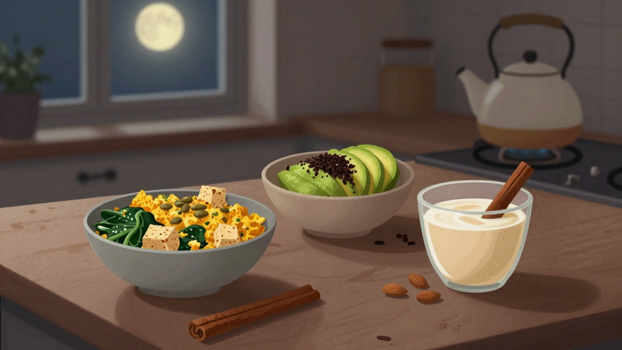 На кухонной стойке три миски с полезными вечерними продуктами: тофу, авокадо и тёплое молоко с корицей.