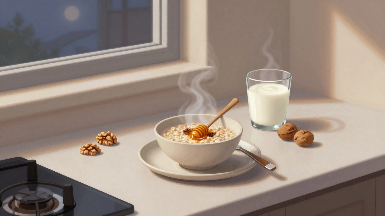 Овсянка с мёдом и кефир на кухонной стойке при тусклом свете