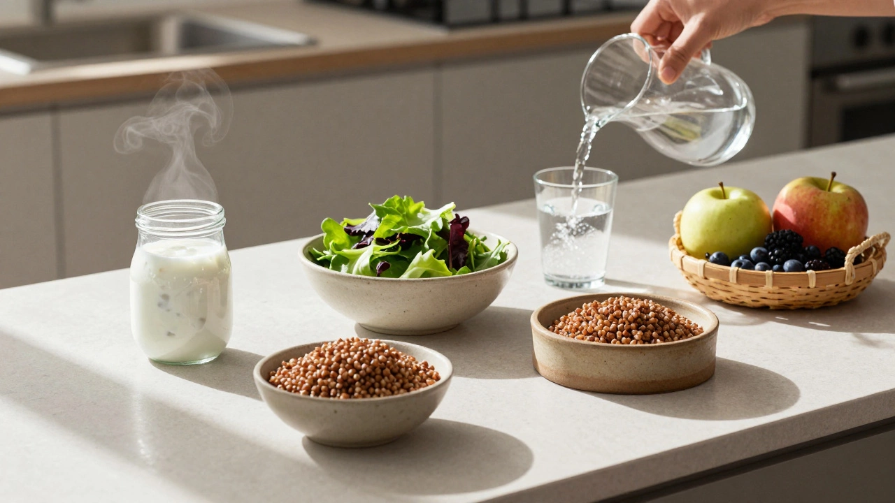 Пять ключевых продуктов для здоровья: кефир, зелень, гречка, ягоды и вода на кухонной стойке.