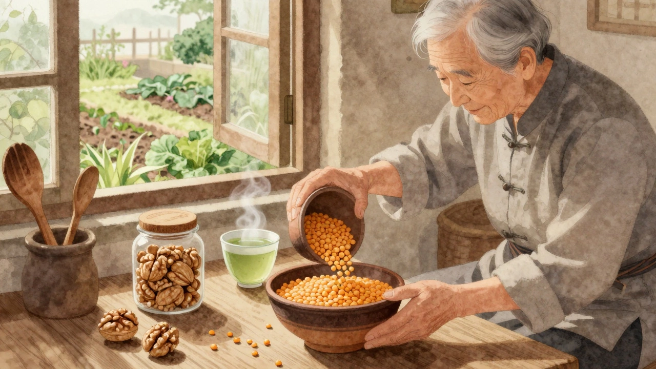 Пожилой человек наливает чечевицу в миску рядом с грецкими орехами и зеленым чаем.