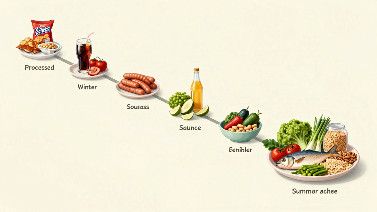 Преобразование питания: от фастфуда к сбалансированной тарелке с овощами, рыбой и злаками, изображённое как путь через сезоны.