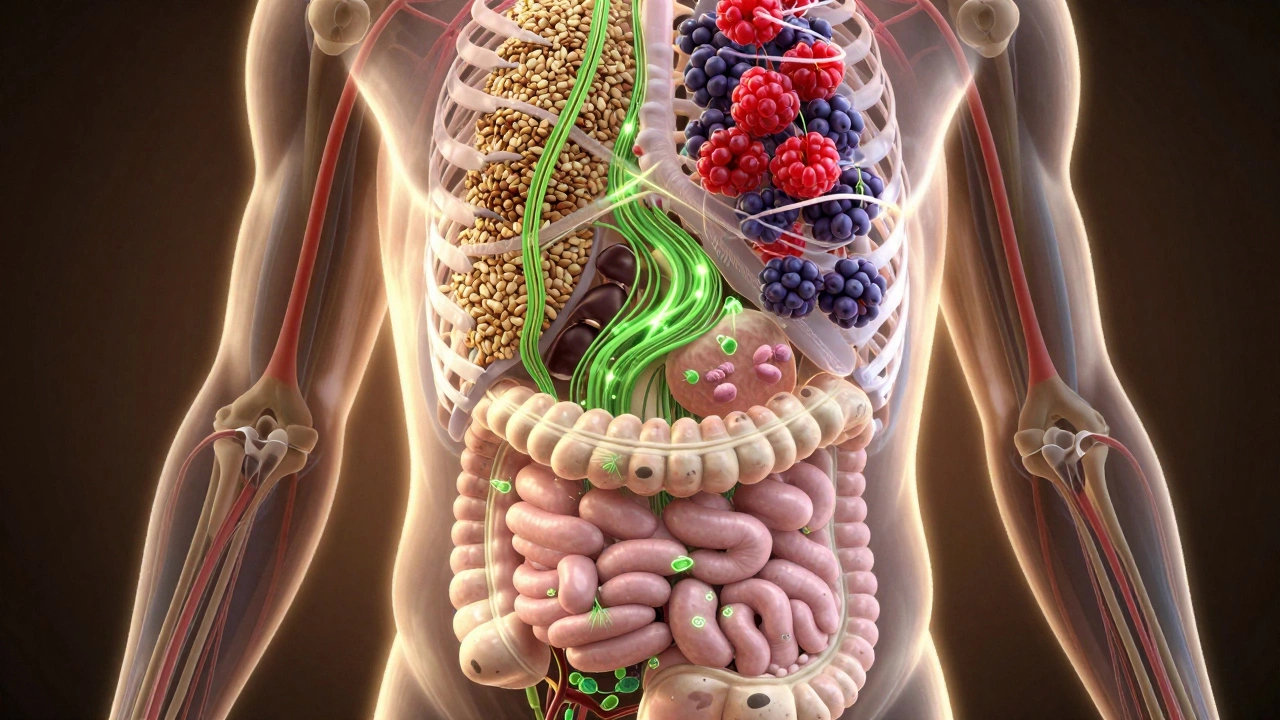 Прозрачное изображение тела с внутренними системами, подсвеченными полезными веществами из еды.