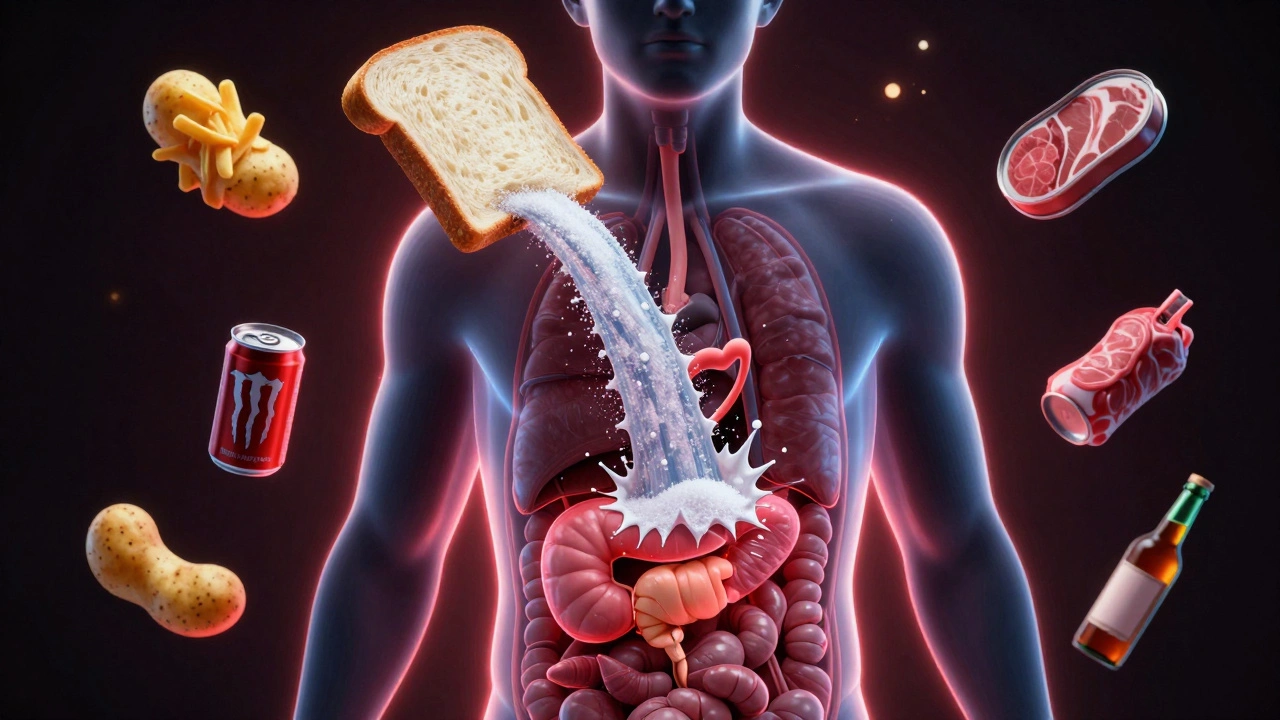 Прозрачное тело человека с потоком сахара, вызывающим энергетический коллапс.