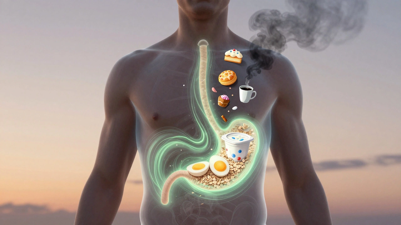 Прозрачное тело с энергетическими потоками: полезная еда питает организм, а сладости рассеиваются дымом.