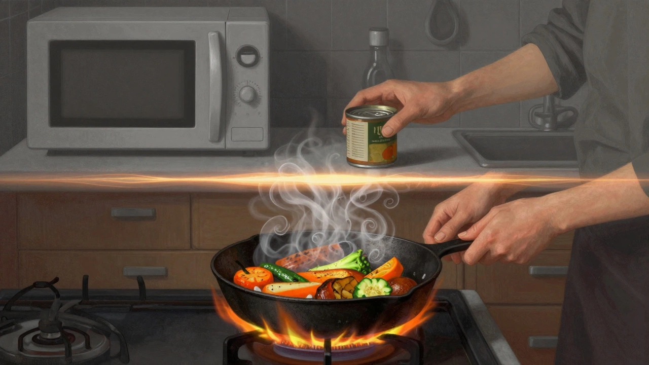 Разделенная кухня: слева — человек разогревает еду в микроволновке, справа — медленно жарит овощи на огне.