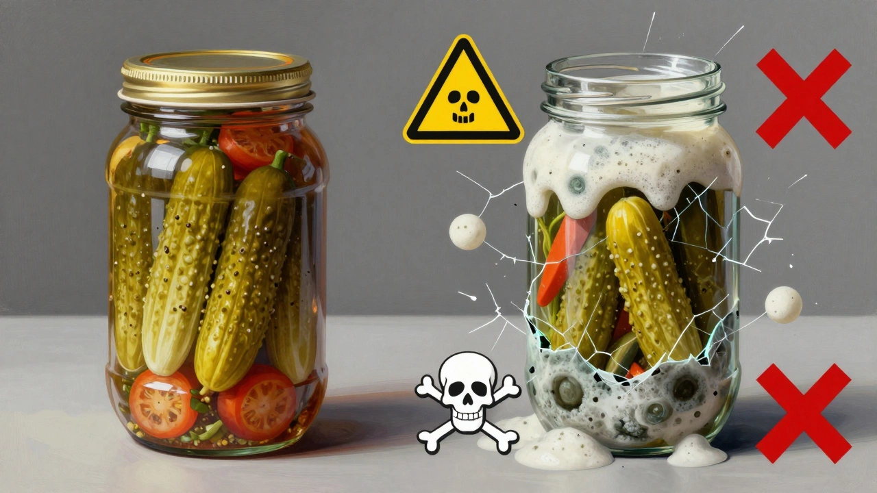 Разделенное изображение: идеальные соленья слева и испорченные — справа с признаками порчи.