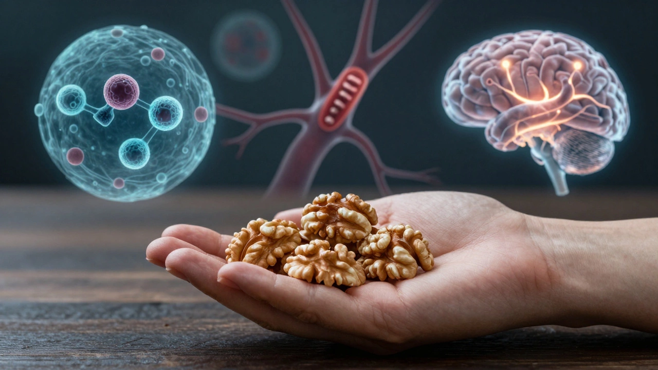 Рука держит горсть грецких орехов, на фоне — абстрактные изображения антиоксидантов и здоровых клеток.
