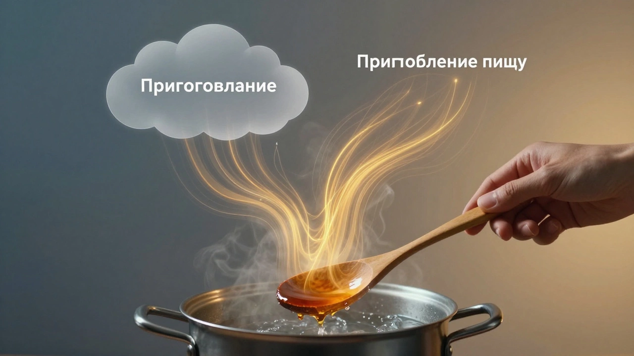 Рука держит ложку над кипящей водой, над ней — два слоя: серый облако и золотые нити, символизирующие разницу между готовкой и кулинарией.