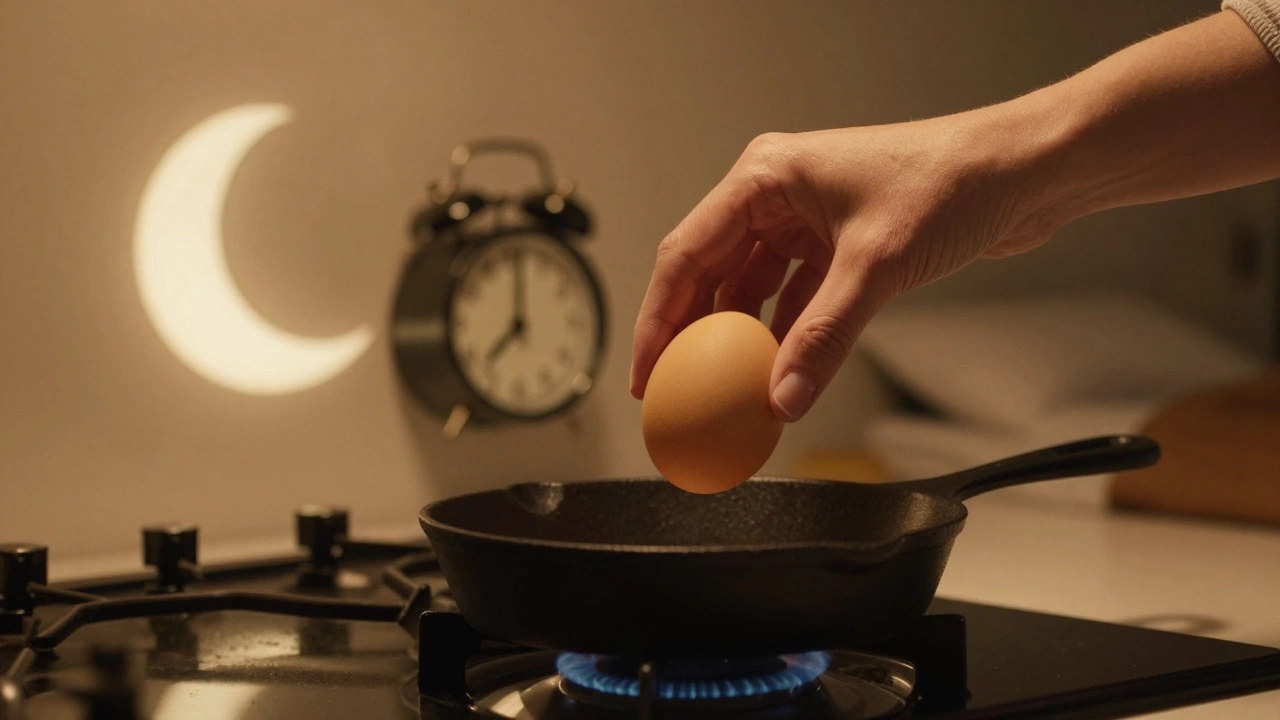 Рука кладёт яйцо на сковороду, на фоне намёка на ночь и сон — символ восстановления.