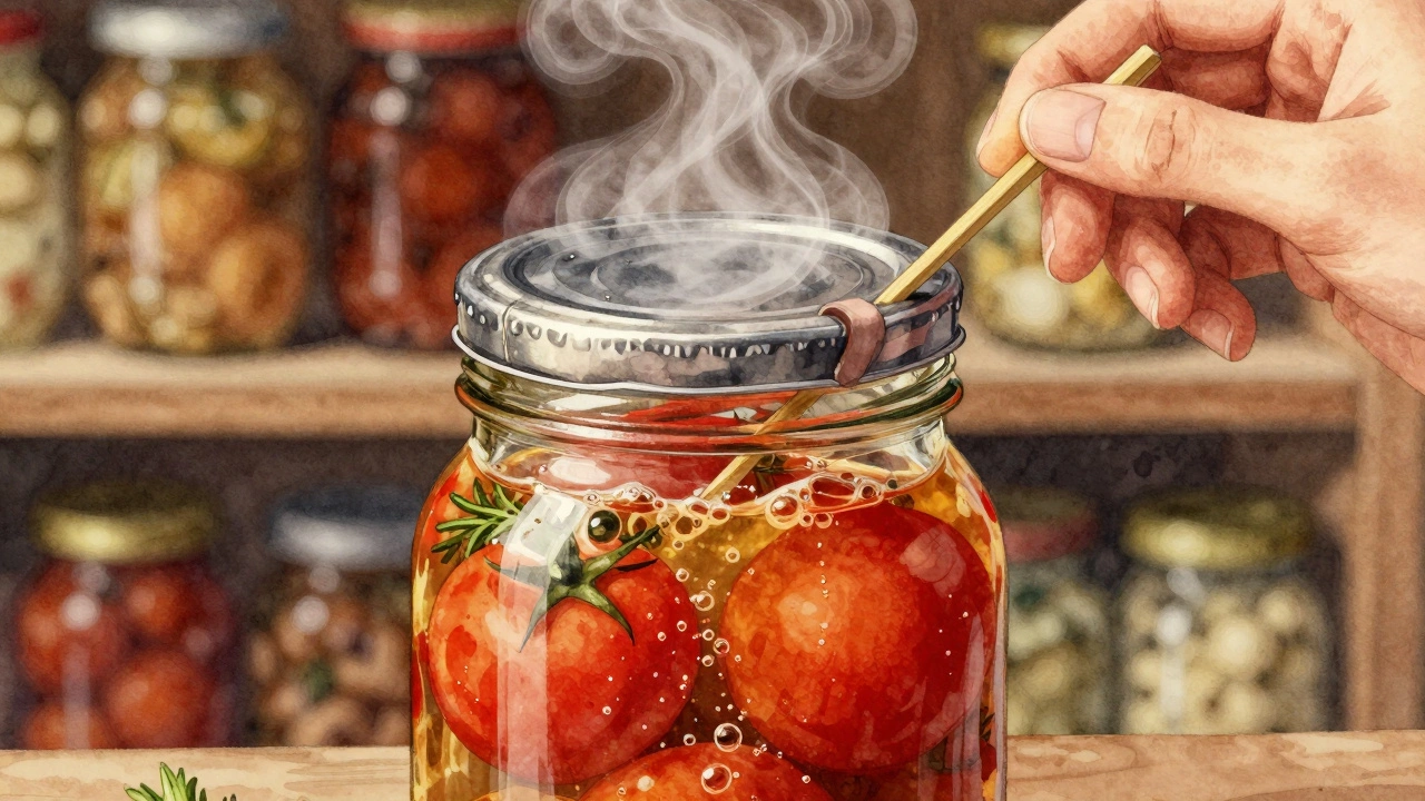 Рука удаляет воздух из банки с помидорами, надевая металлическую крышку, пар поднимается вверх.