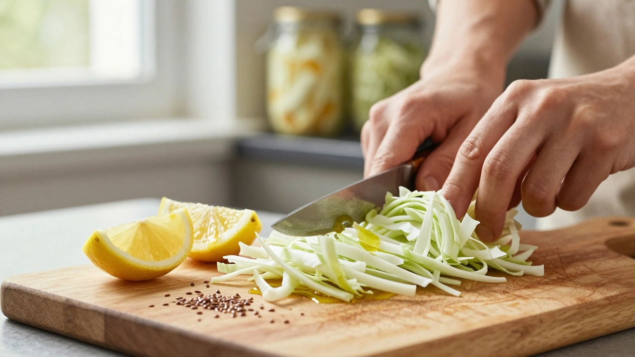 Руки режут сырую капусту для салата с лимоном, оливковым маслом и семенами льна на деревянной доске.