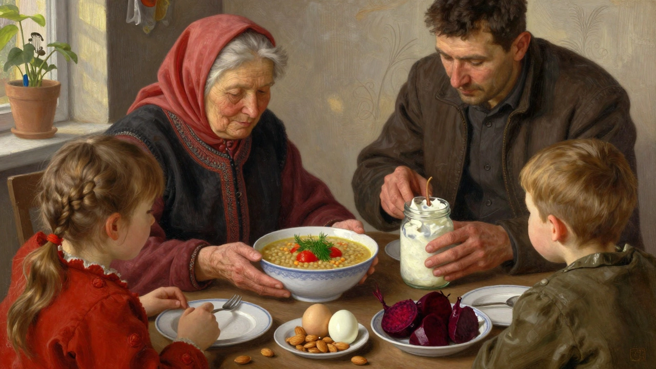 Семья в Казани за обедом: бабушка подаёт чечевичный суп, на столе — кефир, яйца и маринованная свёкла.