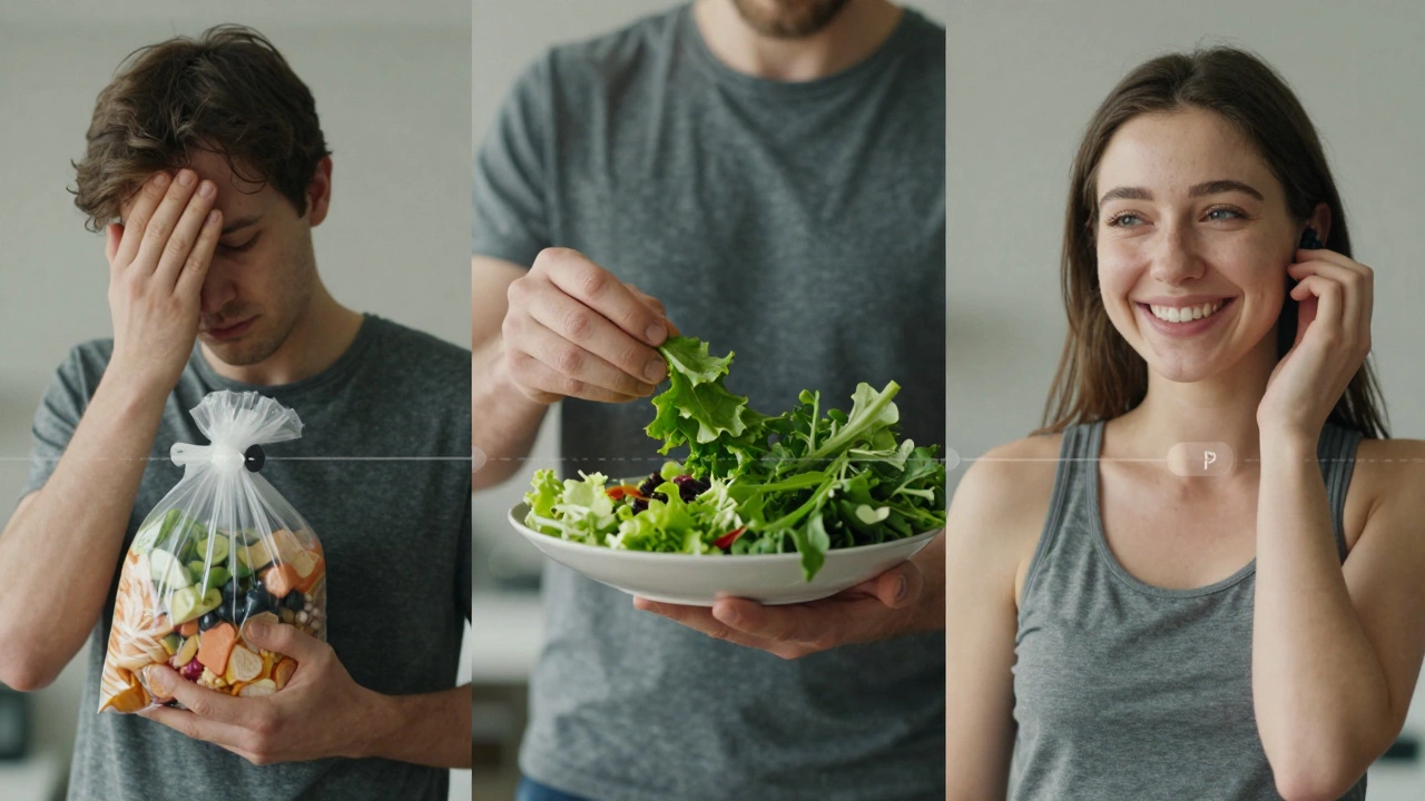 Сравнение до и после употребления листовой зелени: усталость и энергия