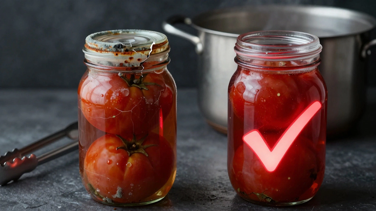 Сравнение: испорченная банка с плесенью и герметичная банка с помидорами, символизирующие правильную и неправильную стерилизацию.