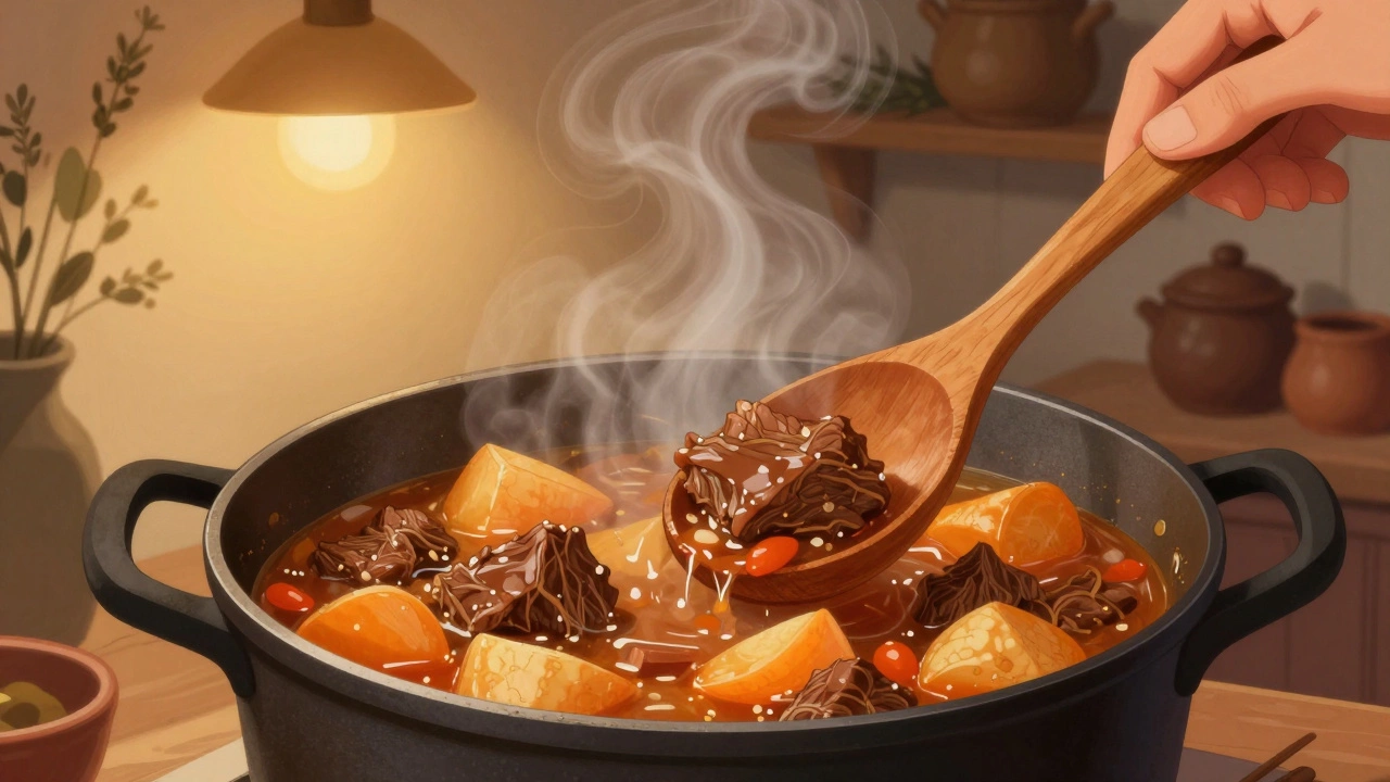 Тушёное блюдо с говядиной и корнеплодами в керамической кастрюле, медленное приготовление, теплое освещение.