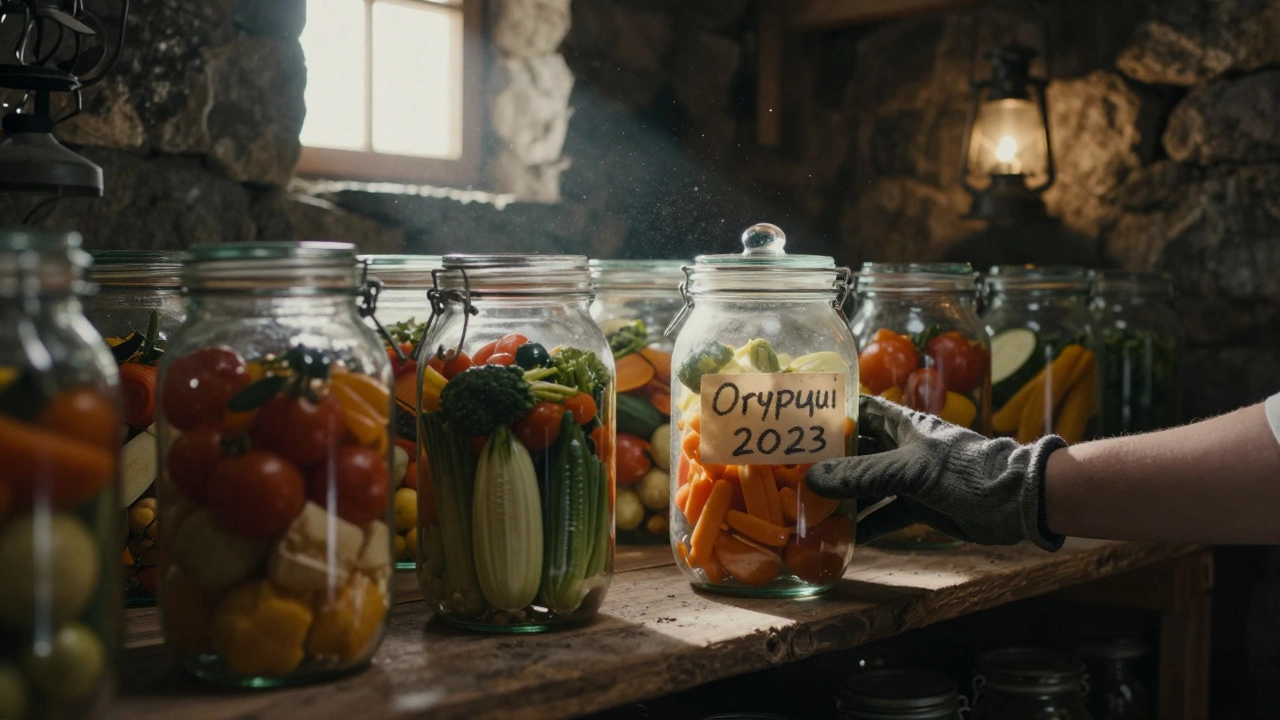 В прохладном погребе на полках стоят банки с консервированными овощами, одна с вздутой крышкой.