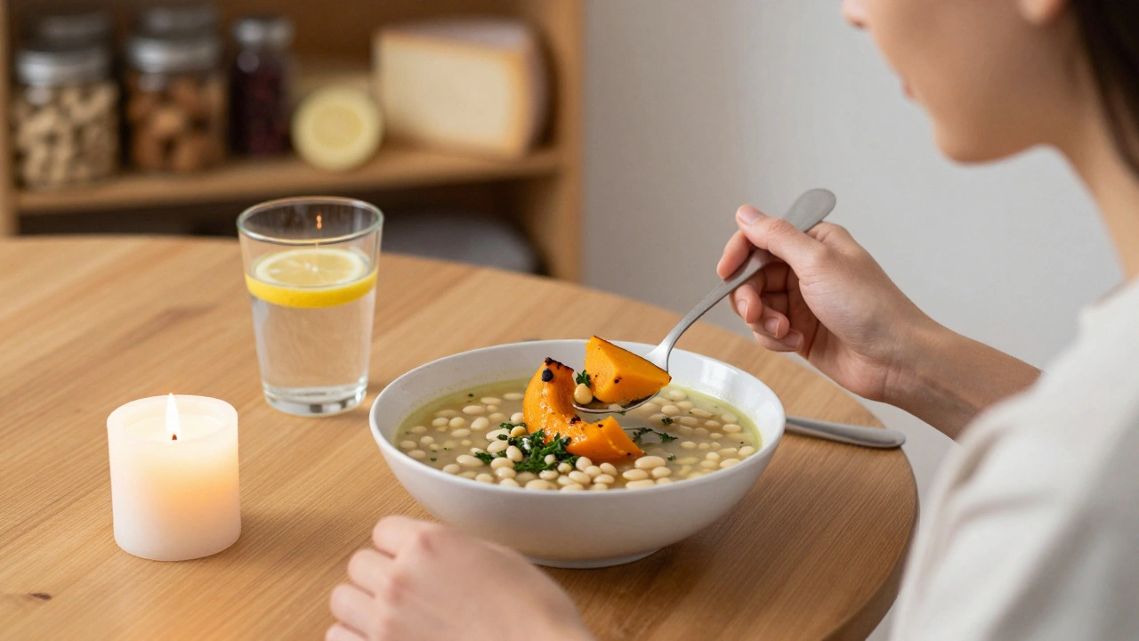 Вечерний ужин из овощного супа с бобовыми и запечённой тыквой в тихой атмосфере.