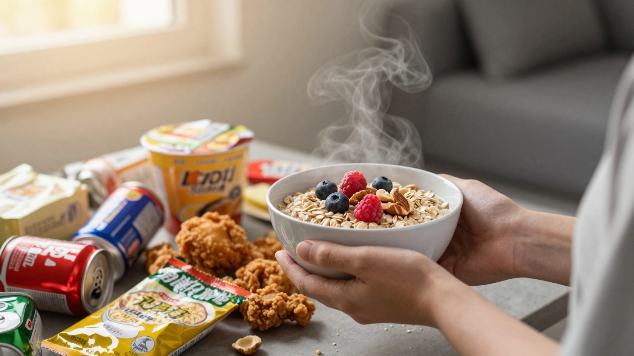 Здоровая тарелка овсянки рядом с мусором вредной еды, свет против тьмы.