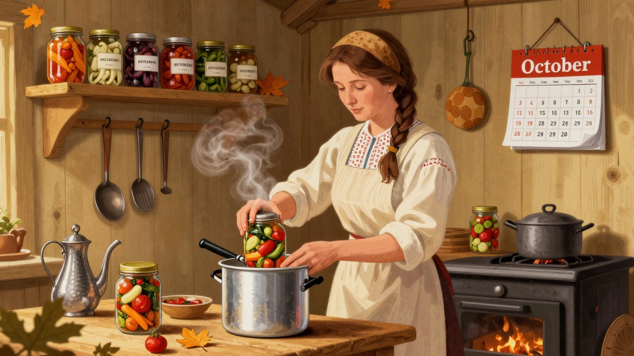 Женщина в фартуке запечатывает консервы в автоклаве в деревенской кухне осенью.