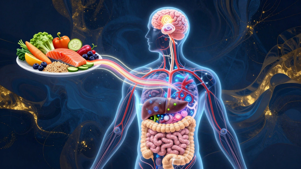 Абстрактное изображение тела, где питательные вещества питают клетки, мозг и кишечник