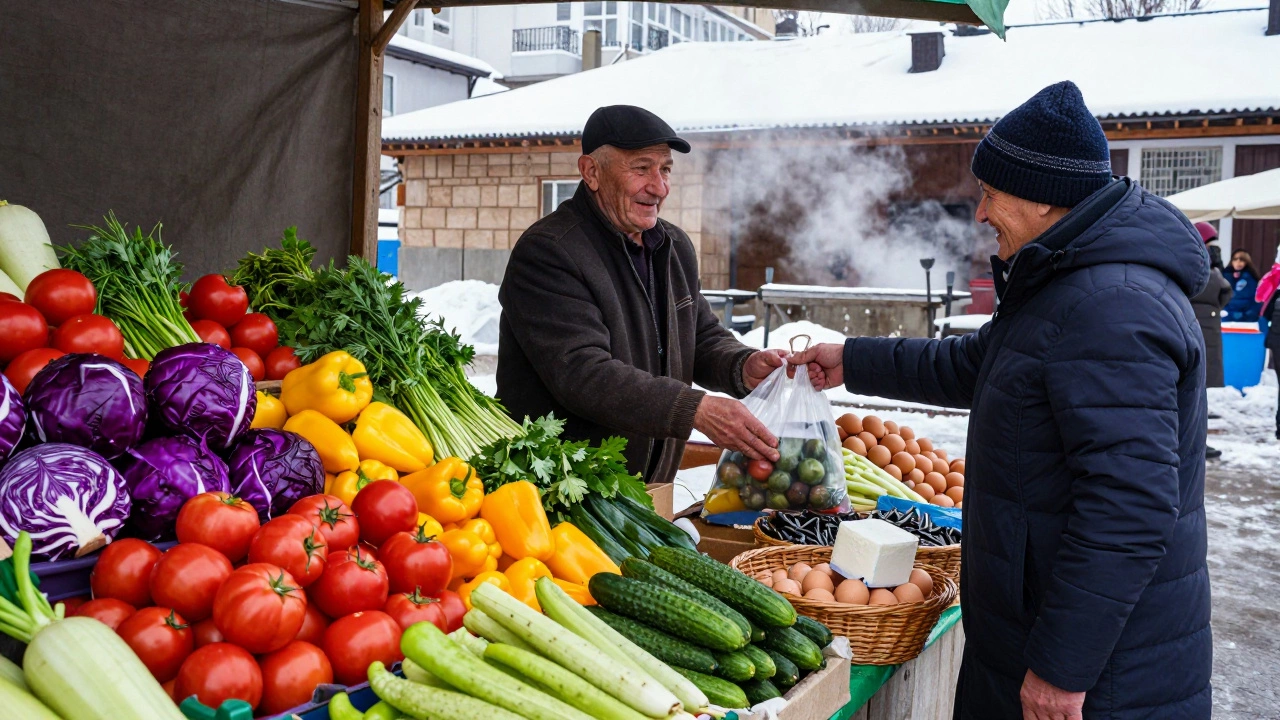 Яркий казанский рынок зимой с разноцветными овощами, бобовыми и сметаной на прилавке.