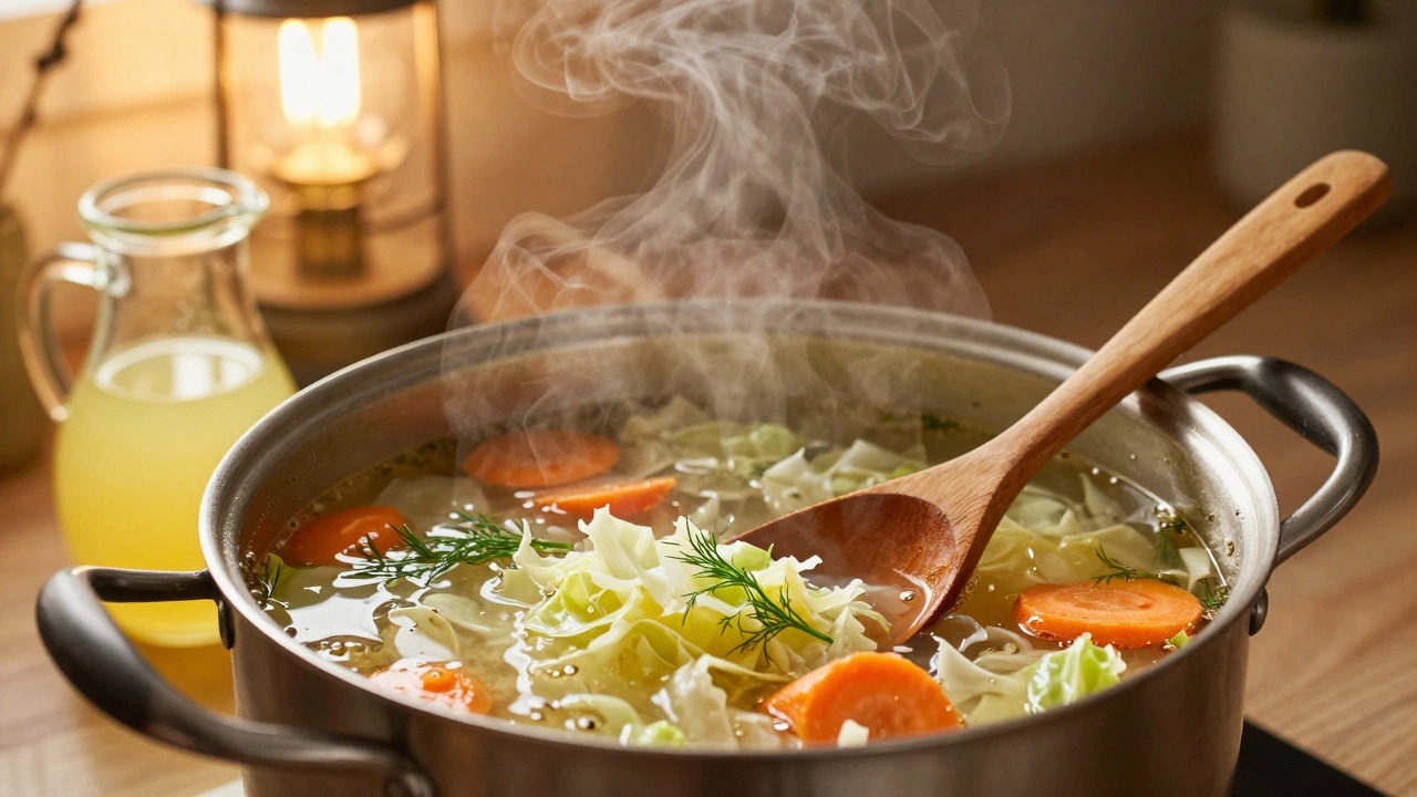 Борщ с недавно добавленными овощами и лимонным соком на кухонном столе.