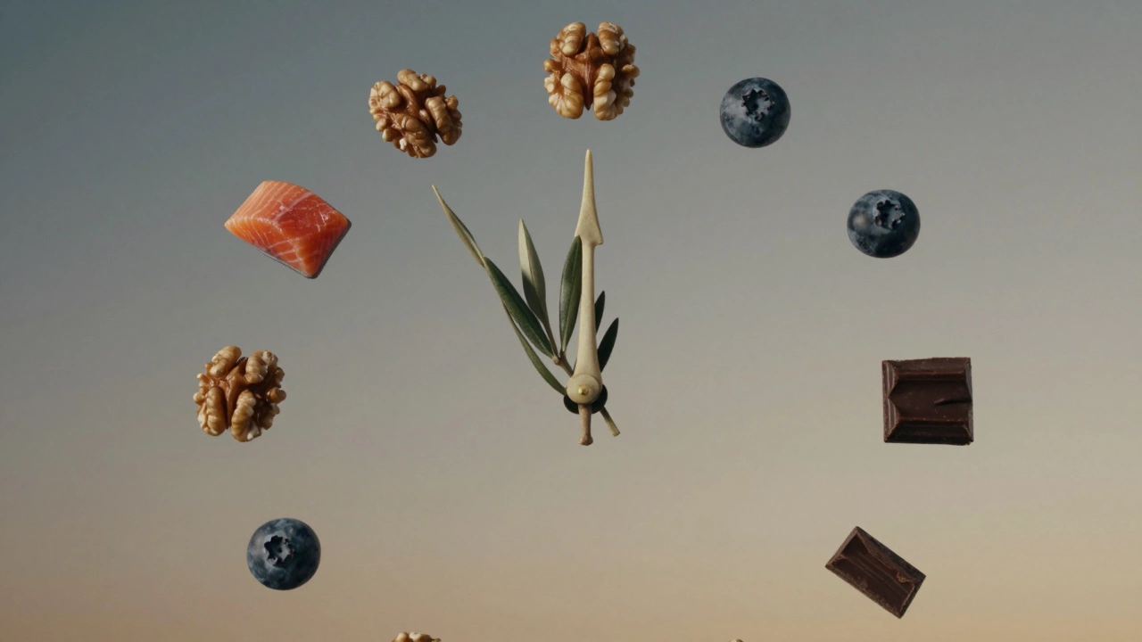 Часы с стрелками из веток и костей рыбы, вокруг — полезные продукты, символизирующие восстановление мозга.