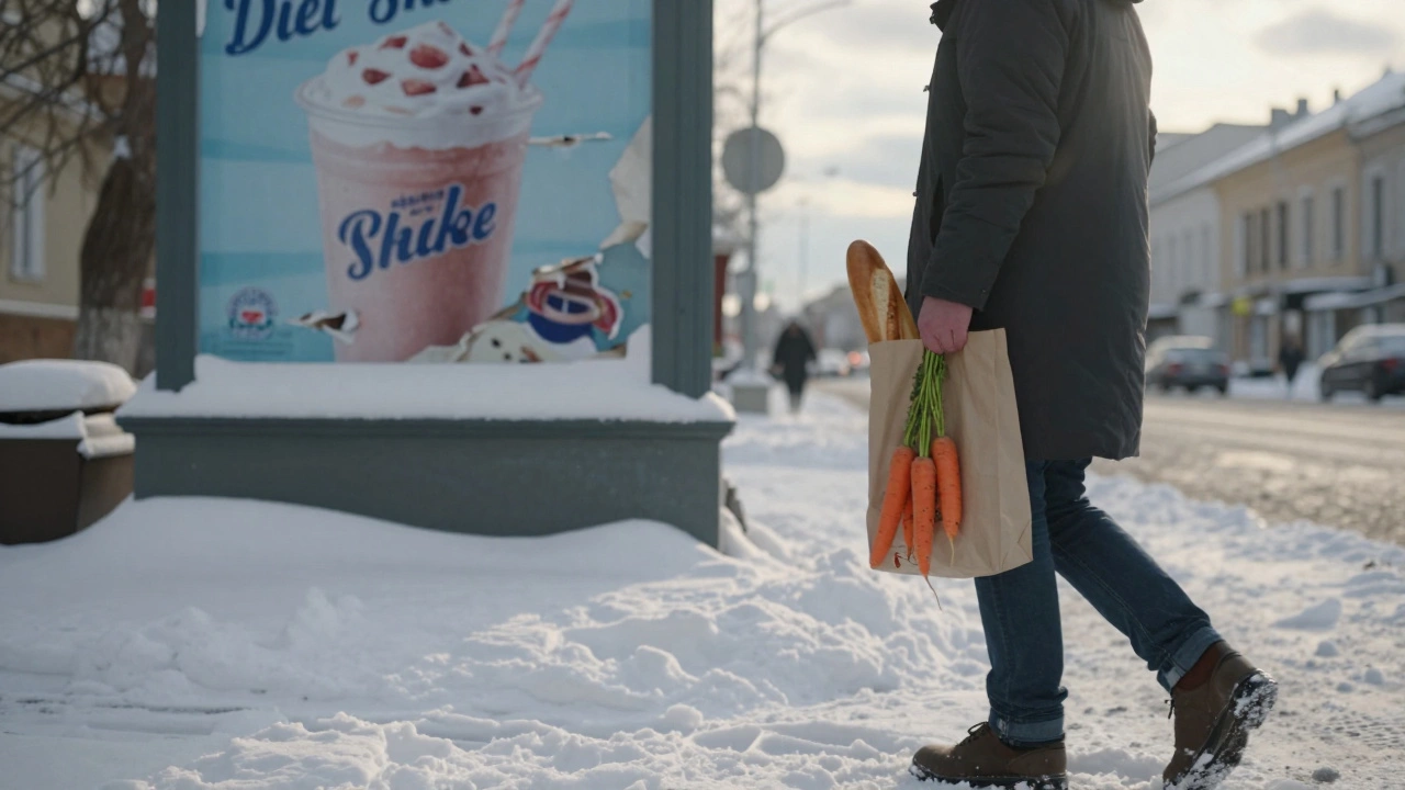 Человек идёт по снегу с хлебом и морковью, позади — рваный плакат диеты.