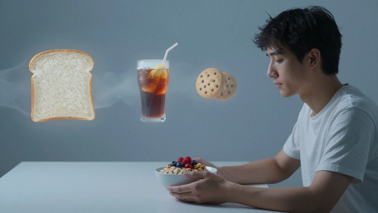 Человек сосредоточен за столом, а вредная еда растворяется в дыму