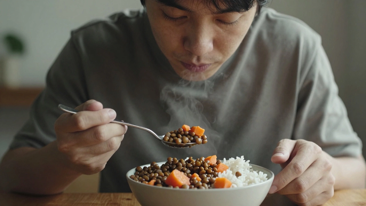 Человек спокойно ест простую еду ложкой, без экранов, наслаждаясь каждым укусом.