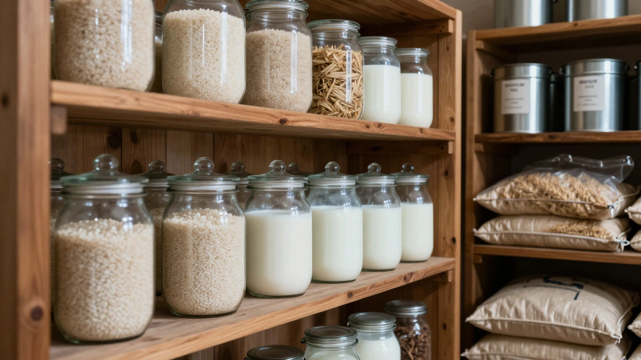 Деревянные полки с герметичными контейнерами риса, молока и пшеницы в прохладном погребе.