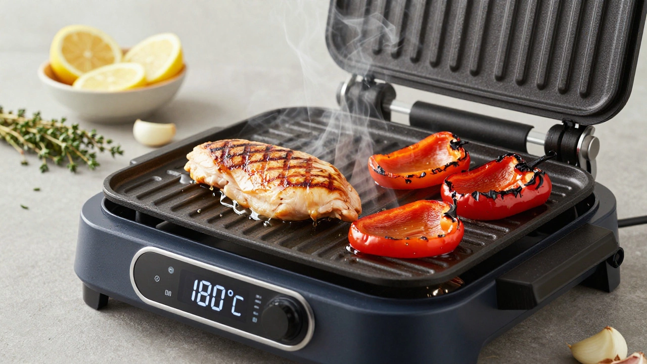 Электрогриль с куриной грудкой и перцем, жир стекает в поддон, без масла.