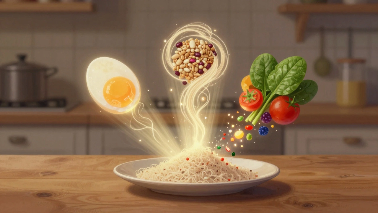 Графическое изображение белка, клетчатки и витаминов, исходящих из разноцветных продуктов