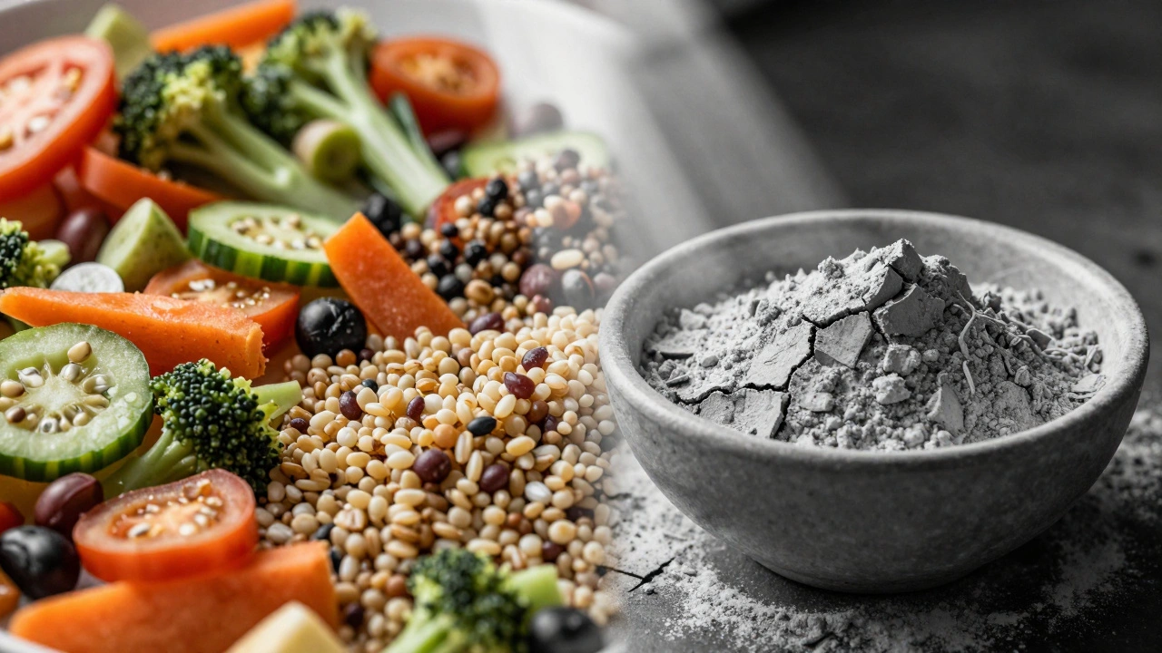 Контраст между свежей едой и высохшими запасами, символизирующий потерю питательных веществ