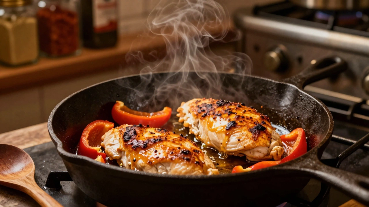 Куриная грудка на раскалённой сковороде с золотистой корочкой и перцем