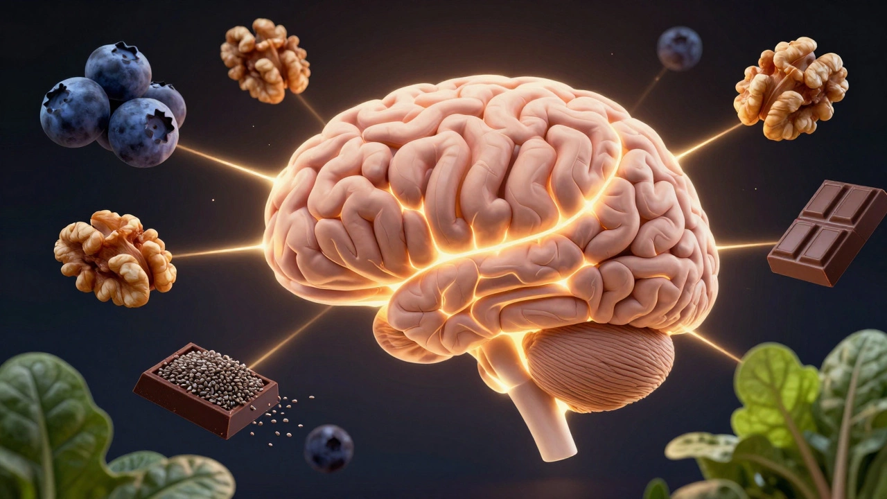 Мозг, освещённый изнутри, окружён ягодами, орехами и листьями