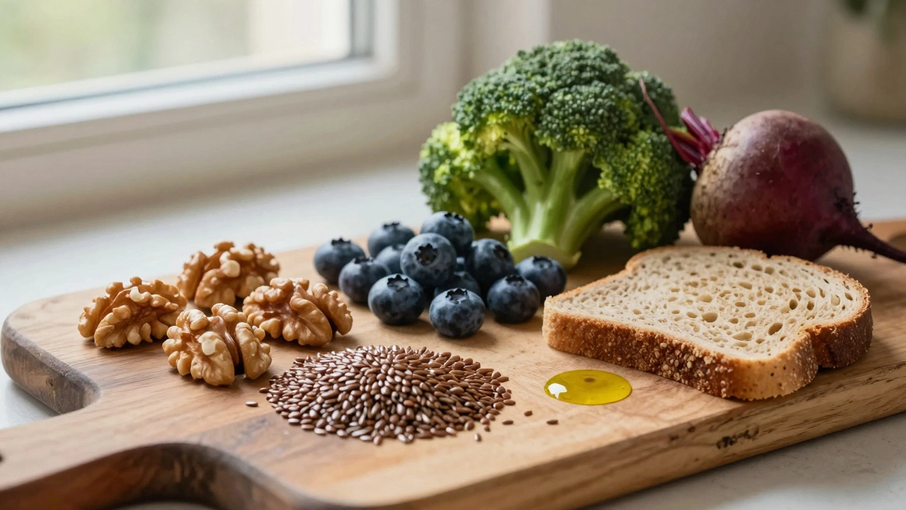 Набор полезных продуктов на деревянной доске: грецкие орехи, семена льна, черника и брокколи.