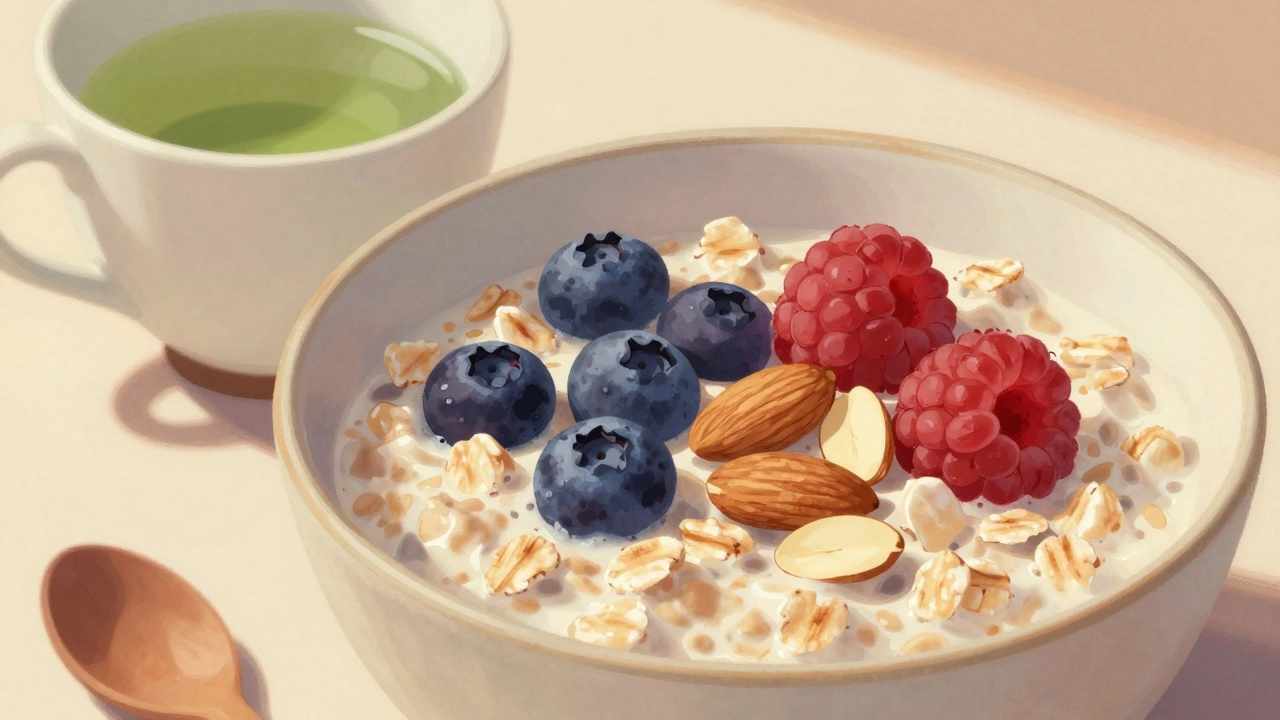 Овсяная каша с ягодами и орехами на белой тарелке, чай рядом