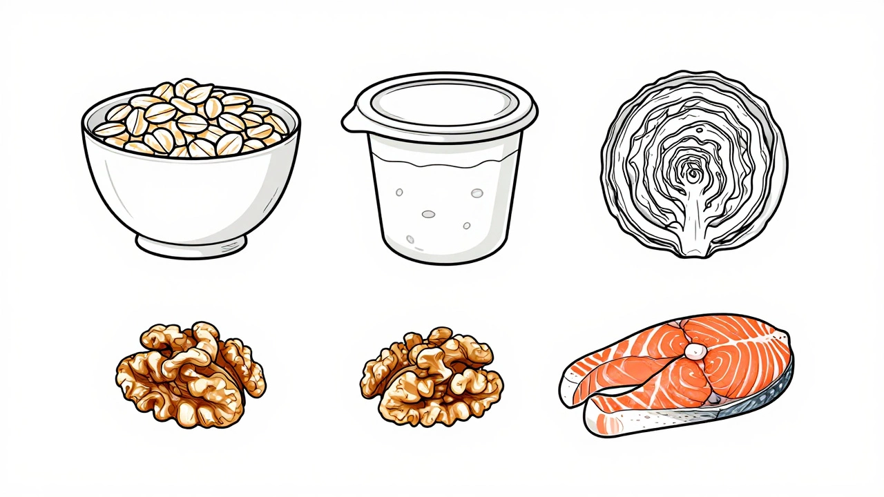 Овсянка, кефир, капуста, орехи и лосось на белом фоне