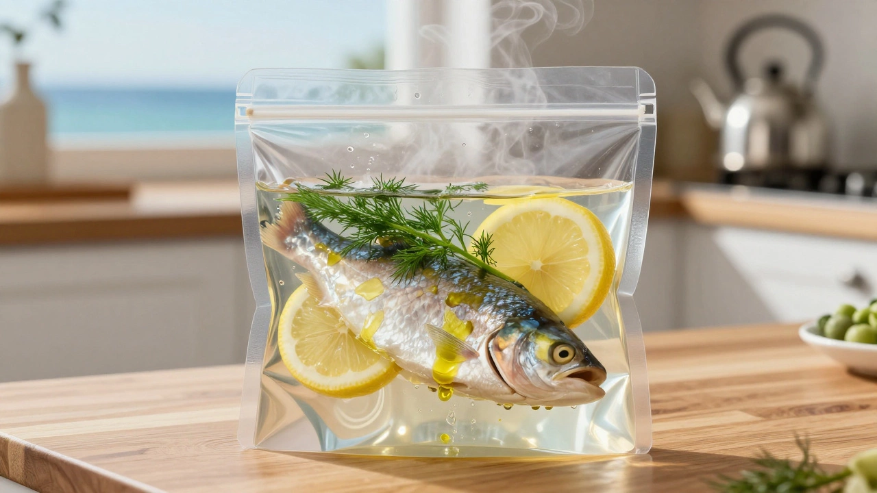 Пакет с рыбой и лимоном варится в кипятке, пар выходит из запечатанного пакета.